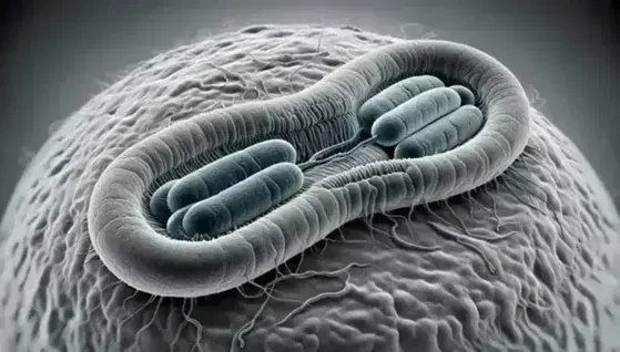 Bacterial cell undergoing binary fission with blue chromosomes separated at the poles and gray cell wall highlighted during cytokinesis.