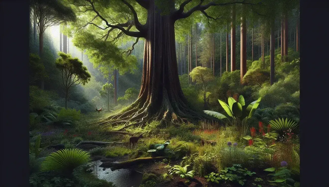Foresta rigogliosa con albero maestoso, cervo, ruscello e uccello in volo in una giornata soleggiata senza nuvole.
