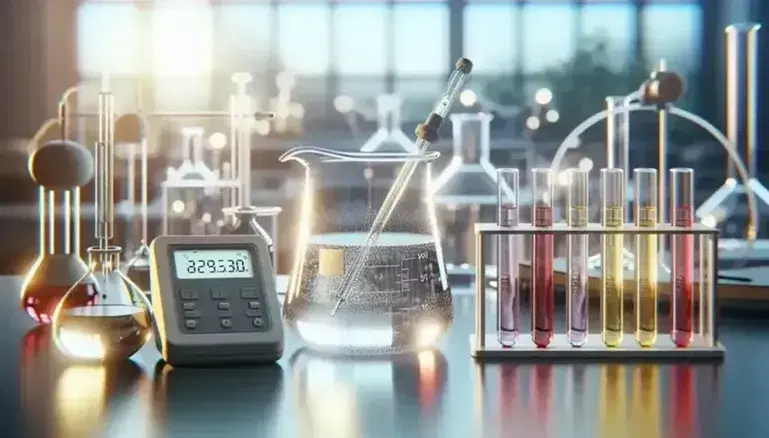 Laboratory bench with a beaker of clear liquid and pH meter, alongside a stand holding test tubes with red, yellow, and purple solutions, with blurred lab equipment in the background.