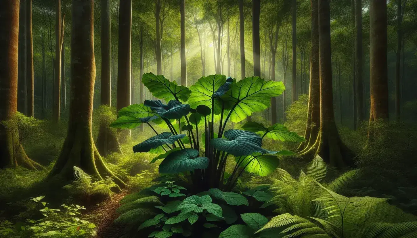 Lush forest scene with glossy broad-leafed plants in sunlight, diverse tree trunks, and delicate ferns creating a vibrant, green canopy.