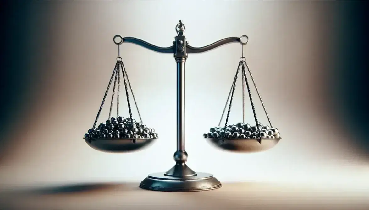 Traditional balance scales in equilibrium, with multiple small silver spheres on the left pan and one large black sphere on the right against a soft gradient background.