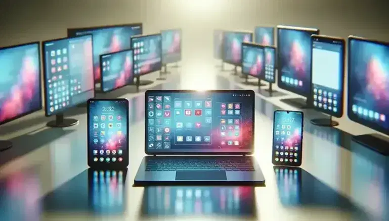 Dispositivos electrónicos modernos encendidos sobre superficie lisa con laptop central, tablet y smartphone a los lados y monitores desenfocados al fondo.