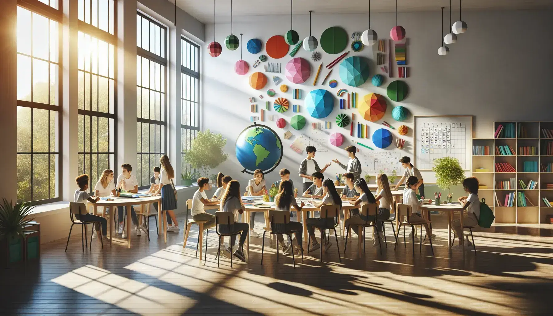 Aula luminosa con estudiantes diversos alrededor de una mesa redonda, discutiendo con papeles y un globo terráqueo, fondo con pizarra blanca y estantería con libros.