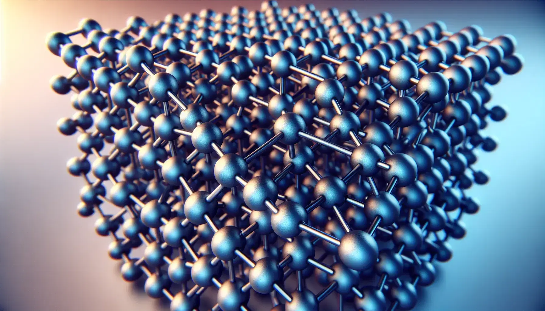 Three-dimensional lattice structure with interconnected blue gradient nodes and silver edges on a soft white to gray background, depicting a crystalline network.
