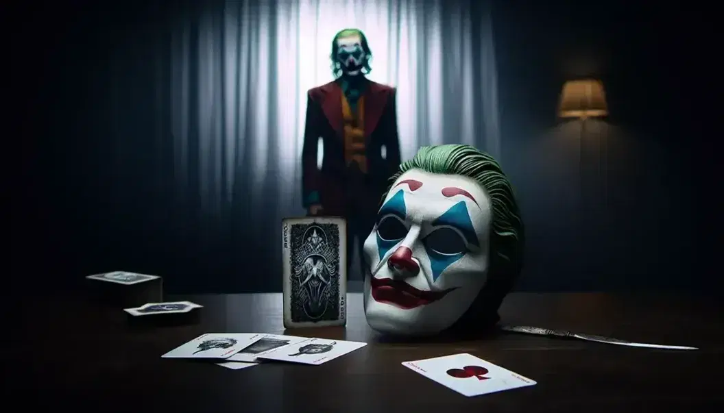 Maschera del Joker su tavolo scuro con carte da gioco sparse e figura umana sfocata in costume sullo sfondo.