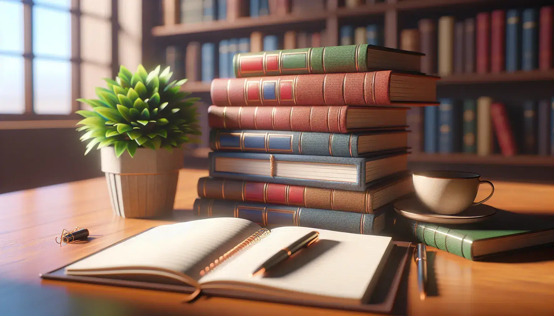 Stacked hardcover books in various colors on a wooden table with an open lined notebook, pen, and a small potted plant, in a softly lit room.