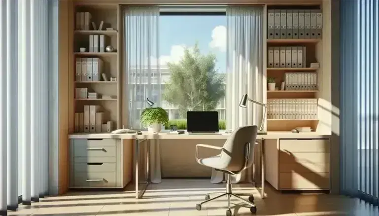 Ufficio moderno e luminoso con scrivania in legno, sedia ergonomica grigia, laptop, pianta verde e libreria, finestra con vista cielo.