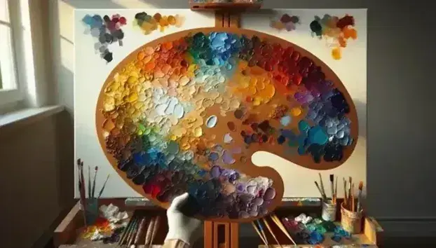 Paleta de pintor de madera con óleos en degradado de colores cálidos a fríos, sostenida por una mano enguantada, junto a pinceles y lienzo en fondo desenfocado.