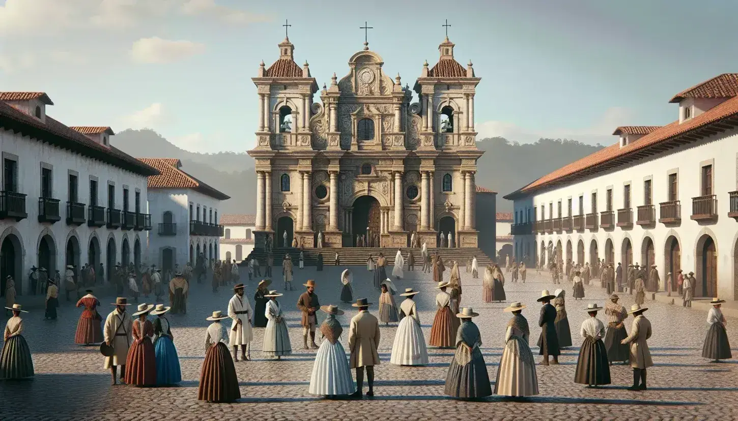 Escena de arquitectura colonial española con iglesia de piedra clara, torres simétricas, cúpula central y tejados rojos, rodeada de casas blancas y plaza adoquinada con personas en atuendos de época.