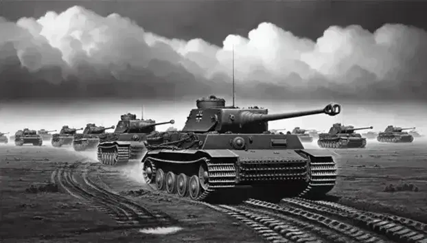 Carri armati Panzer tedeschi in movimento su terreno aperto con cielo nuvoloso, lasciando tracce su un campo di battaglia.