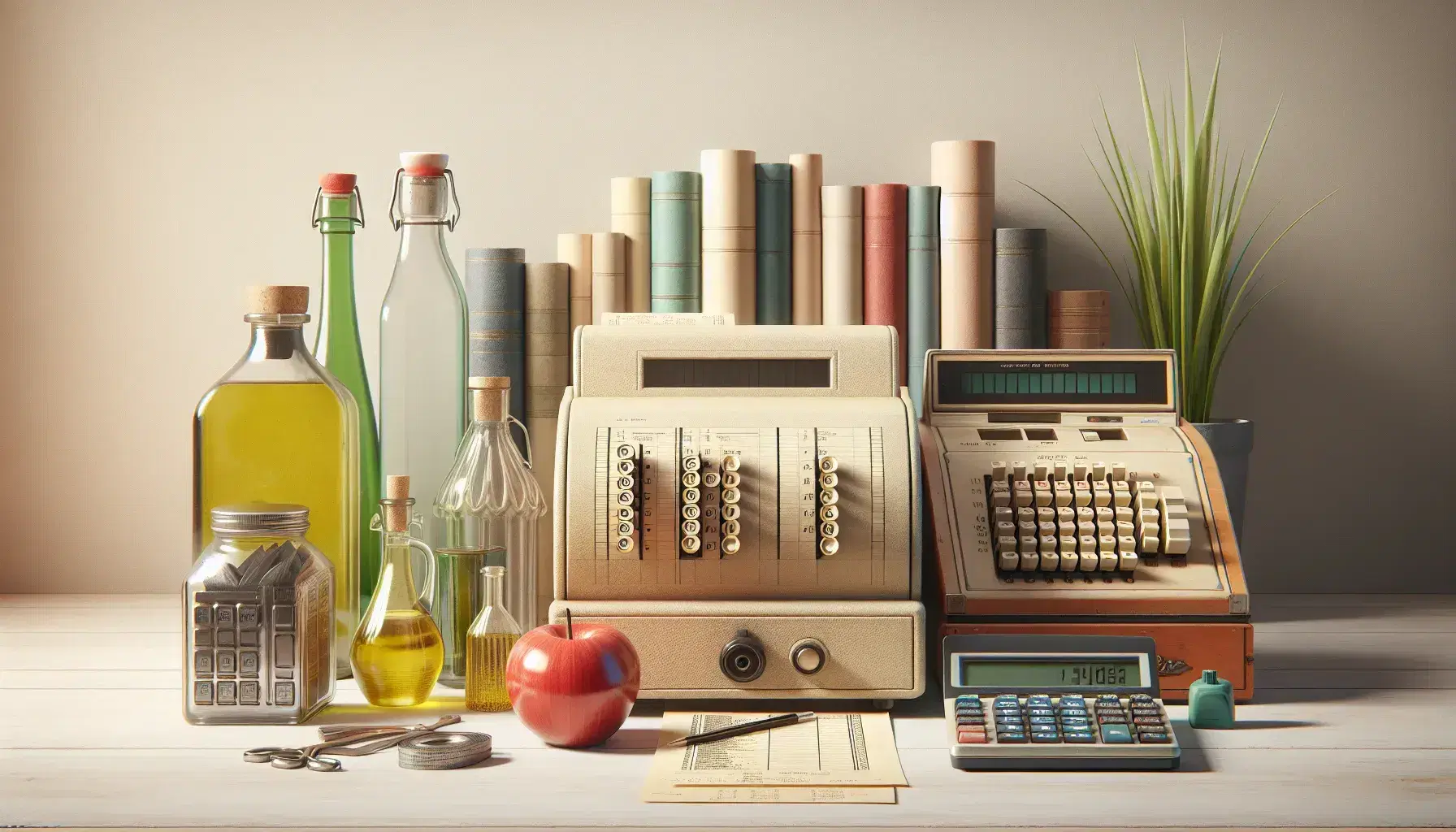 Caja registradora antigua junto a calculadora moderna, botella de líquido amarillo, manzana roja, libro azul, recibos y planta verde sobre mesa clara.