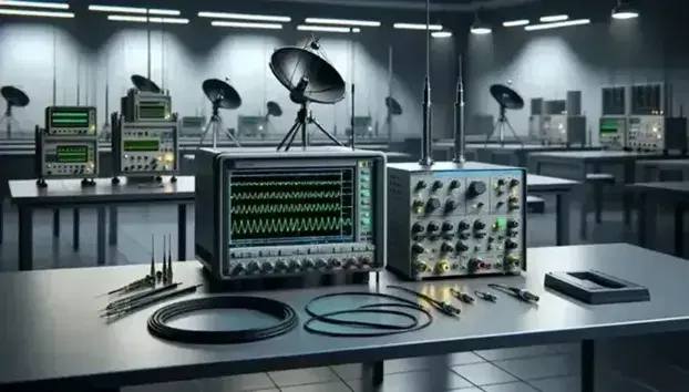 Laboratorio scientifico moderno con oscilloscopio digitale che mostra onde sinusoidali, cavi coassiali, generatore di segnali e antenne paraboliche.