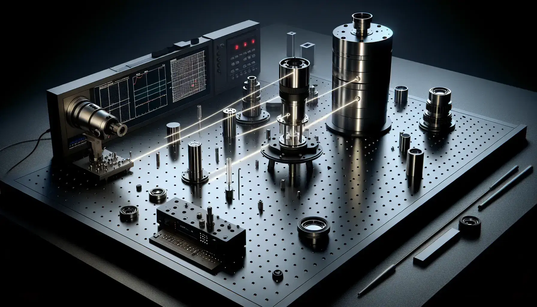 Sophisticated optical table setup in a lab with mirrors, beam splitters, lenses, a laser emitting a coherent beam, and a connected oscilloscope.