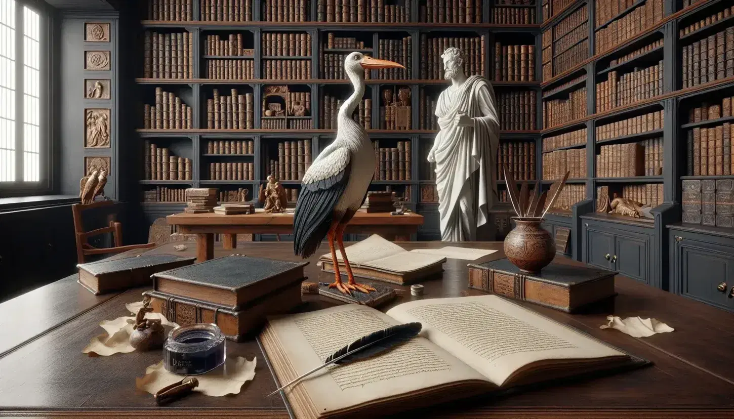 Biblioteca antica con scaffali in legno scuro, tavolo con libri e pergamene, calamaio e statuetta in bronzo, illustrazione di volpe e cicogna.