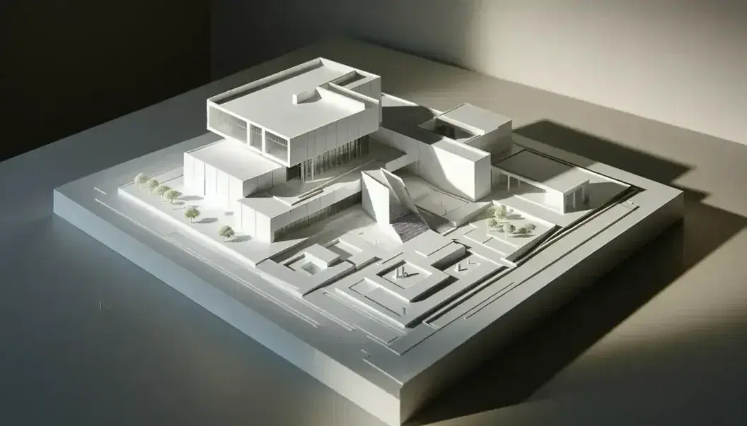 Maqueta arquitectónica tridimensional de edificio moderno con base rectangular, secciones de distintas alturas, ventanas delineadas en negro y áreas verdes representadas por figuras geométricas.