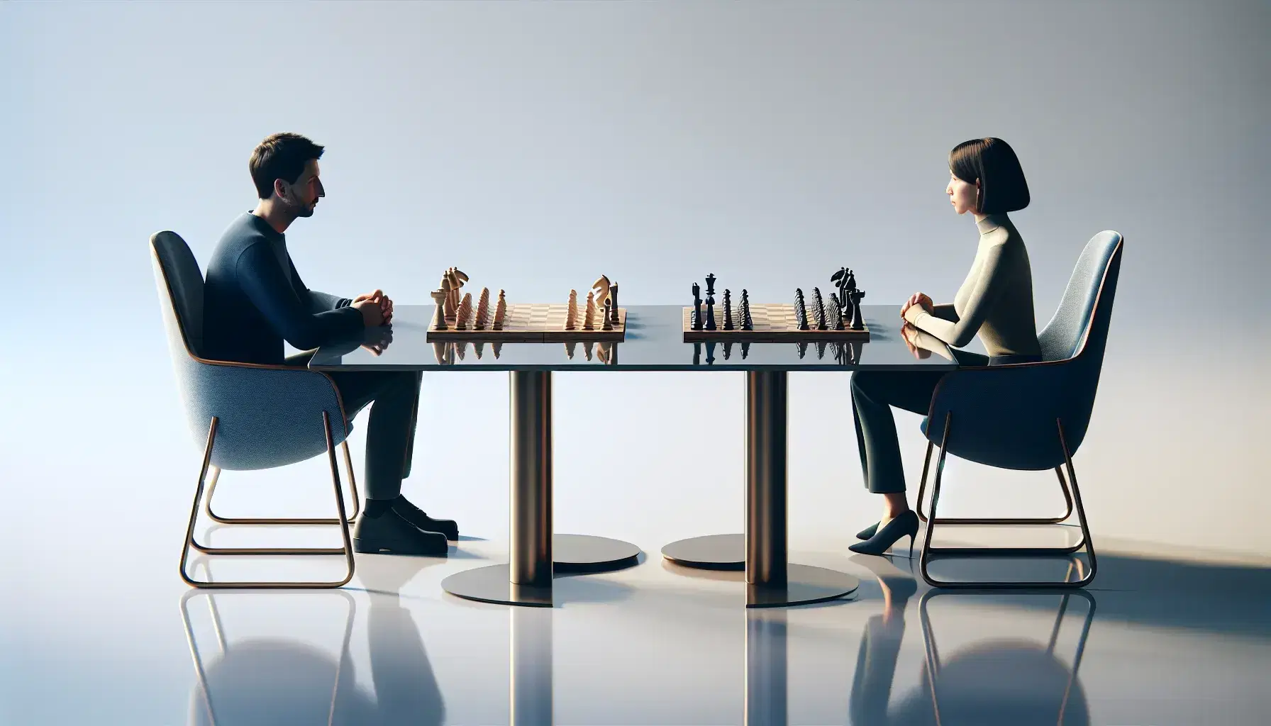Two individuals engaged in a contemplative chess game, seated at a modern table with a classic chessboard set up, in a serene, softly lit environment.