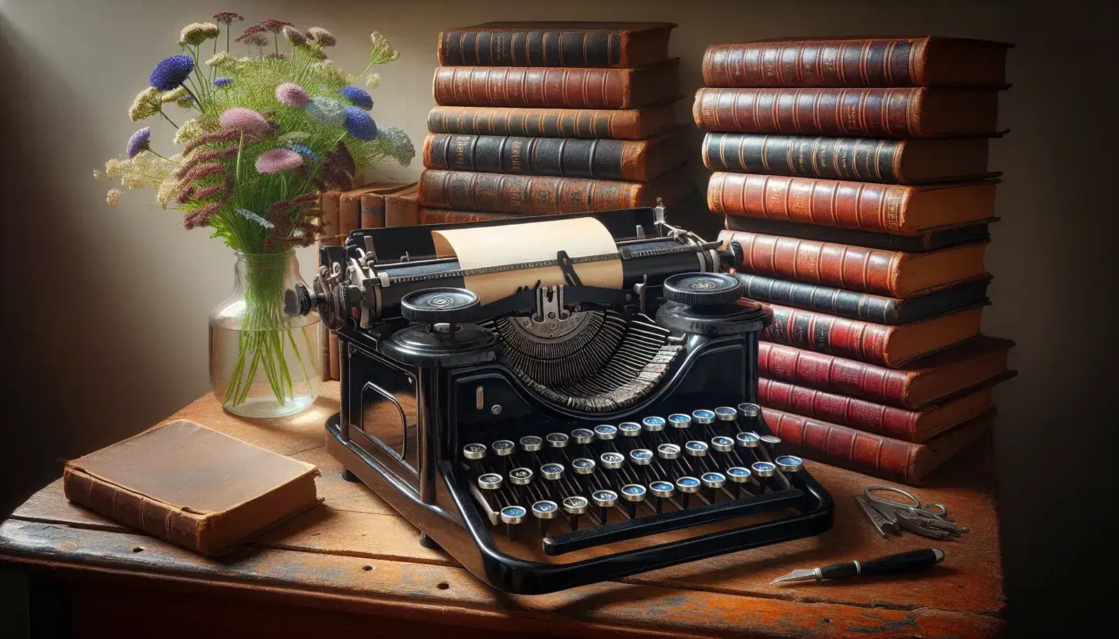 Vintage early 20th-century typewriter with black keys on a wooden desk, accompanied by worn leather-bound books and a vase of wildflowers.