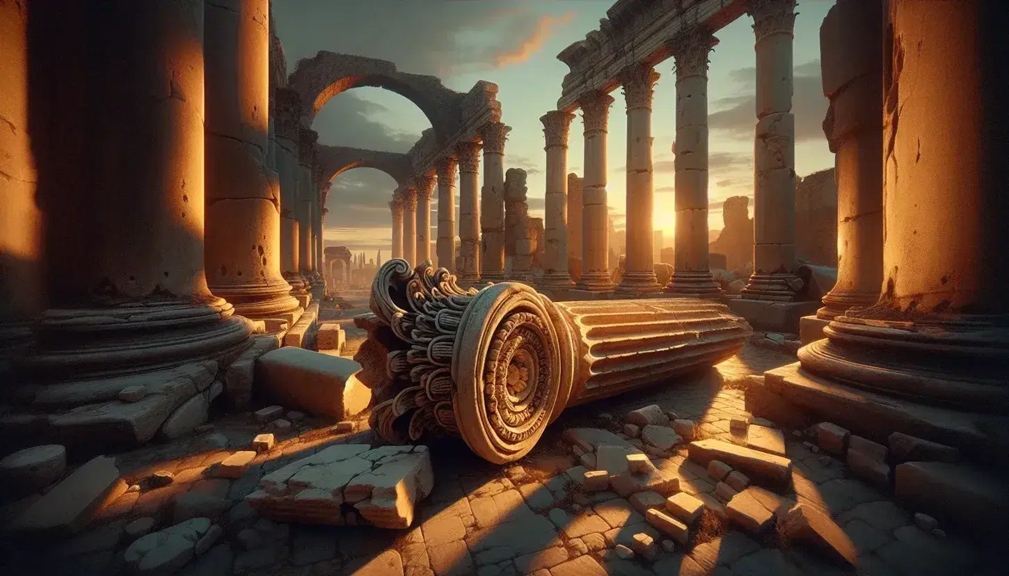 Sunset over ancient Roman ruins with broken columns, scattered Corinthian capitals, and a silhouette of a damaged aqueduct against a vibrant sky.