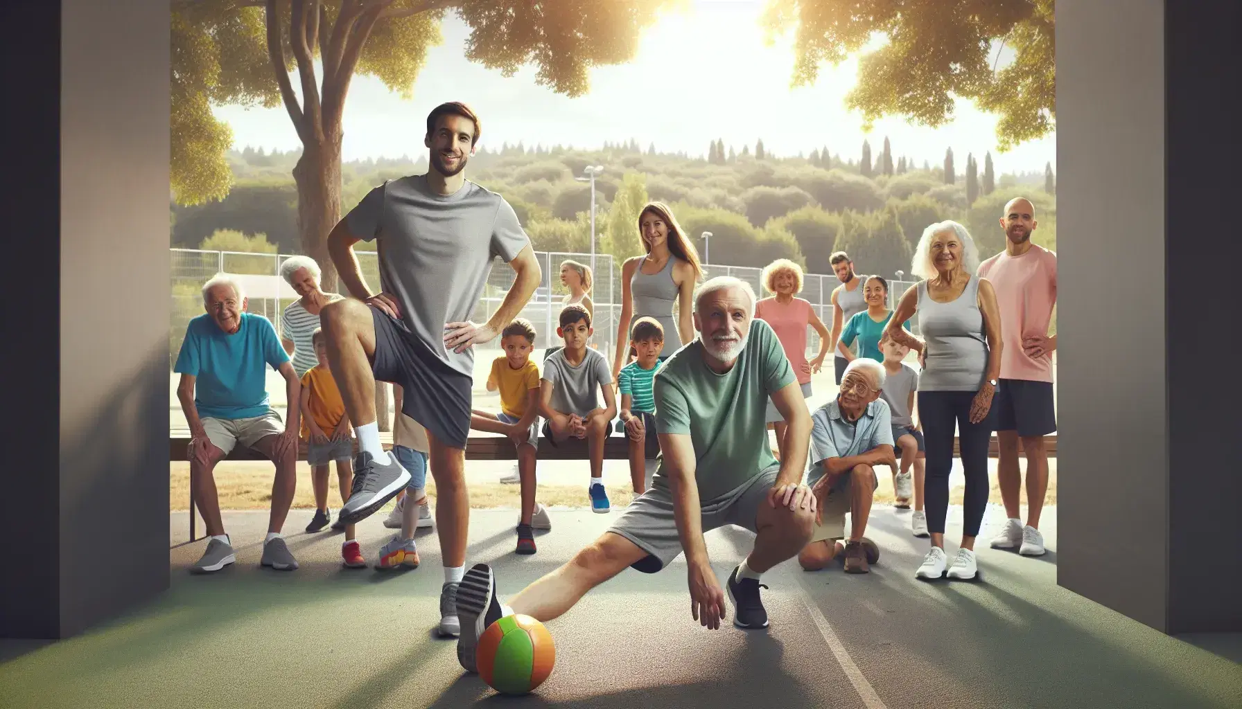 Grupo diverso de personas realizando actividades al aire libre en un parque, con adultos estirando, niños jugando con un balón y ancianos sentados en un banco, rodeados de árboles y un cielo despejado.