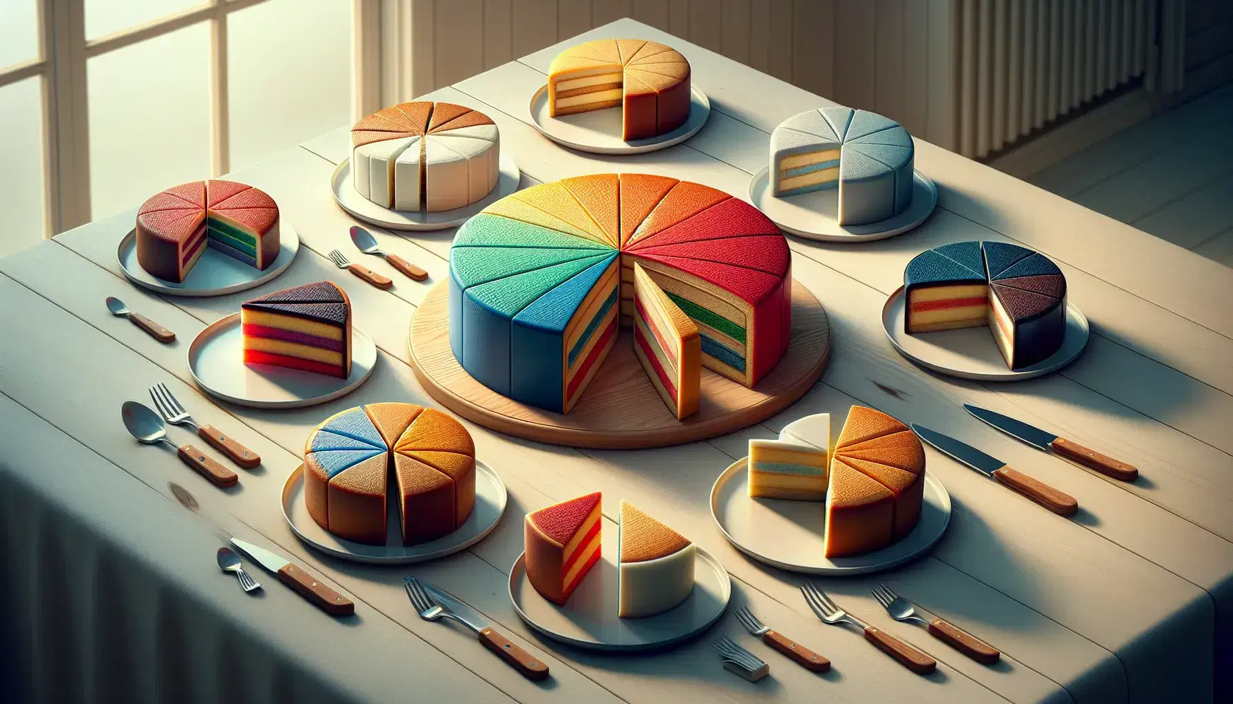 Torte rotonde colorate con ripieni rossi, verdi e blu su tavolo in legno chiaro, affiancate da piatti e posate, in cucina luminosa.