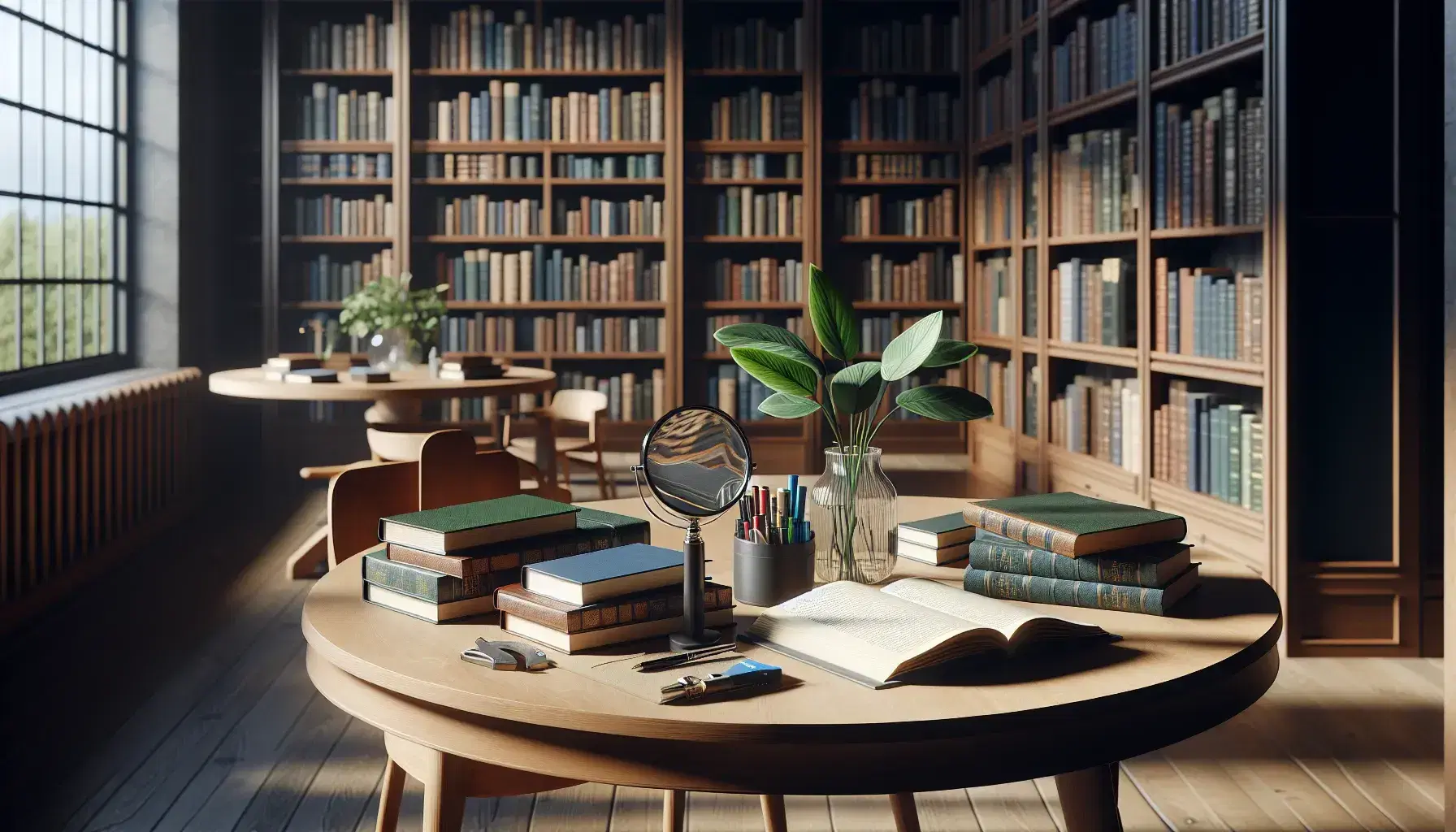 Biblioteca acogedora con estanterías de madera oscura llenas de libros, mesa central con libros abiertos y lupa, planta verde en primer plano y luz natural.