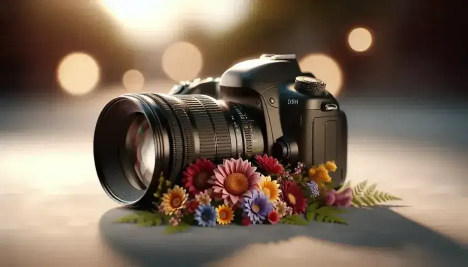 Macchina fotografica DSLR su superficie neutra con obiettivo esteso e mazzo di fiori colorati a fuoco, sfondo bokeh naturale.