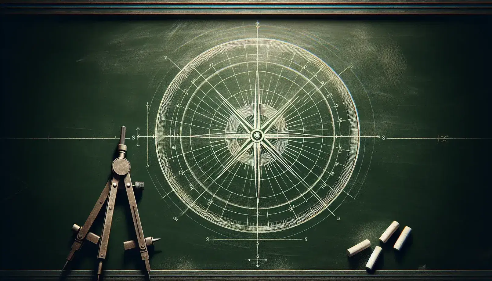 Pizarra verde oscuro con dibujo de círculo y líneas radiales estilo sol o brújula, ejes perpendiculares, polvo de tiza y compases metálicos.