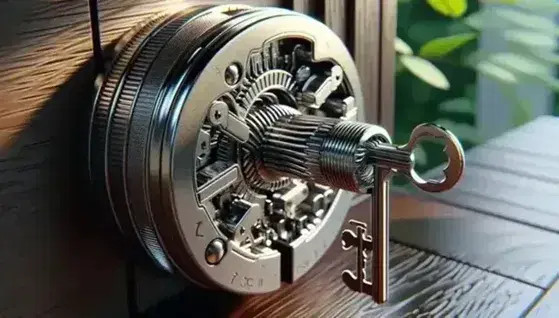 Close-up view of a complex key inserted into a silver lock on a dark wooden surface, with a blurred green foliage background.