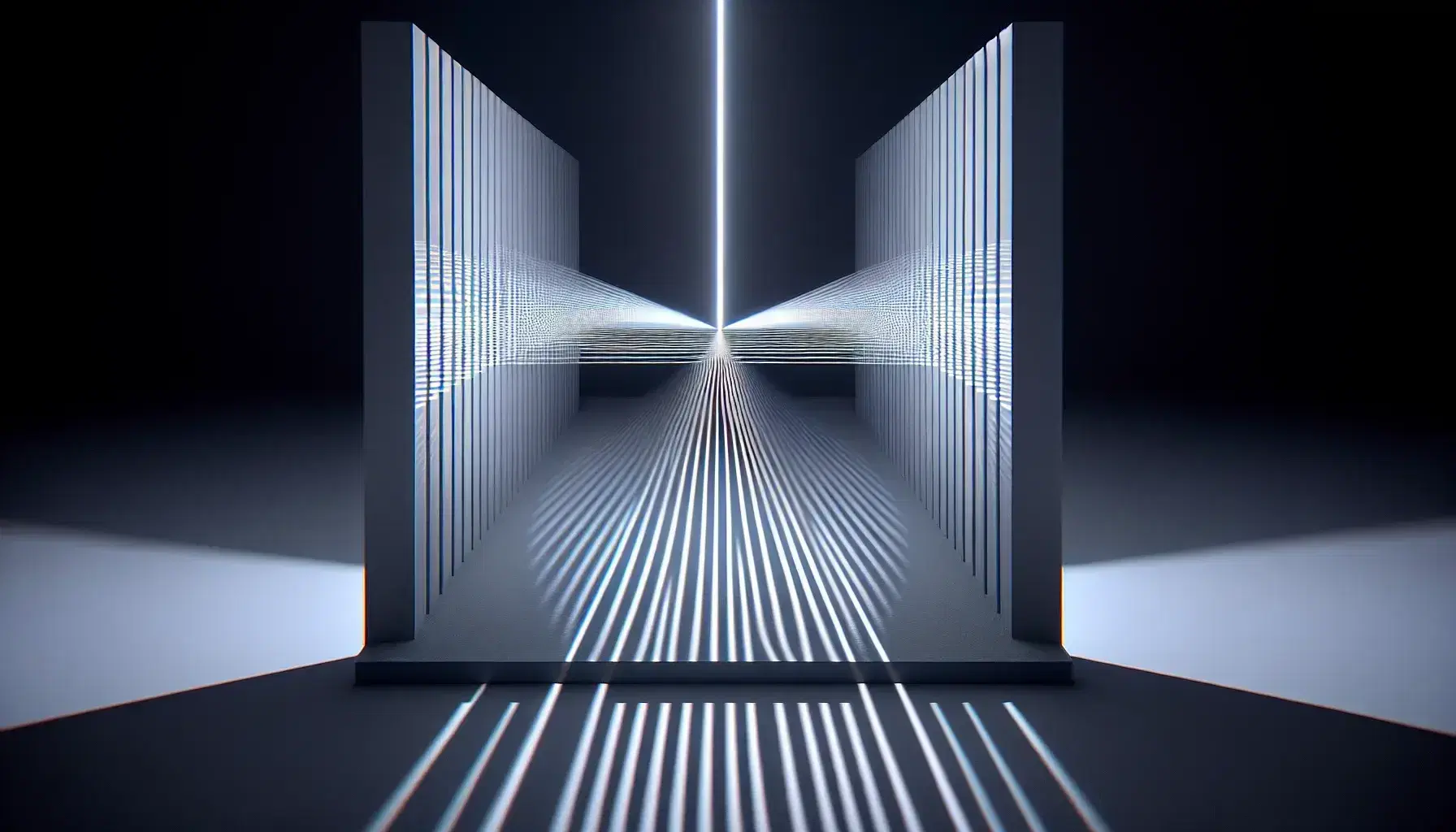 Double-slit experiment demonstrating light diffraction and interference, with a laser projecting a beam through parallel slits creating a pattern of bright and dark bands on a screen.