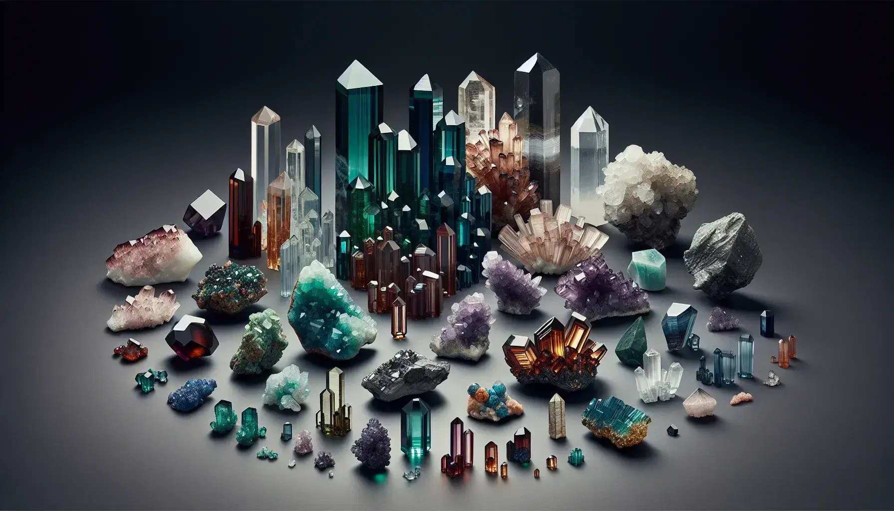 Collection of colorful minerals on a black background, with green beryl, red garnet, transparent quartz, blue azurite, golden pyrite, translucent gypsum and blue kyanite.