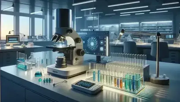 Laboratorio scientifico moderno con microscopio elettronico, provette colorate, bilancia analitica e mano con pipetta.