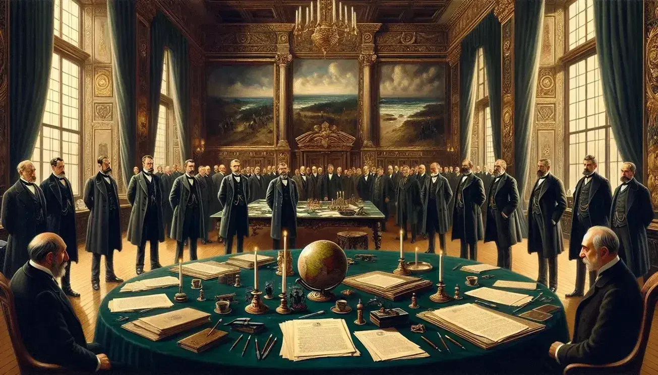 Early 20th-century European diplomats in discussion around a table with documents, quill pens, and a globe in an opulent room with a grand chandelier.