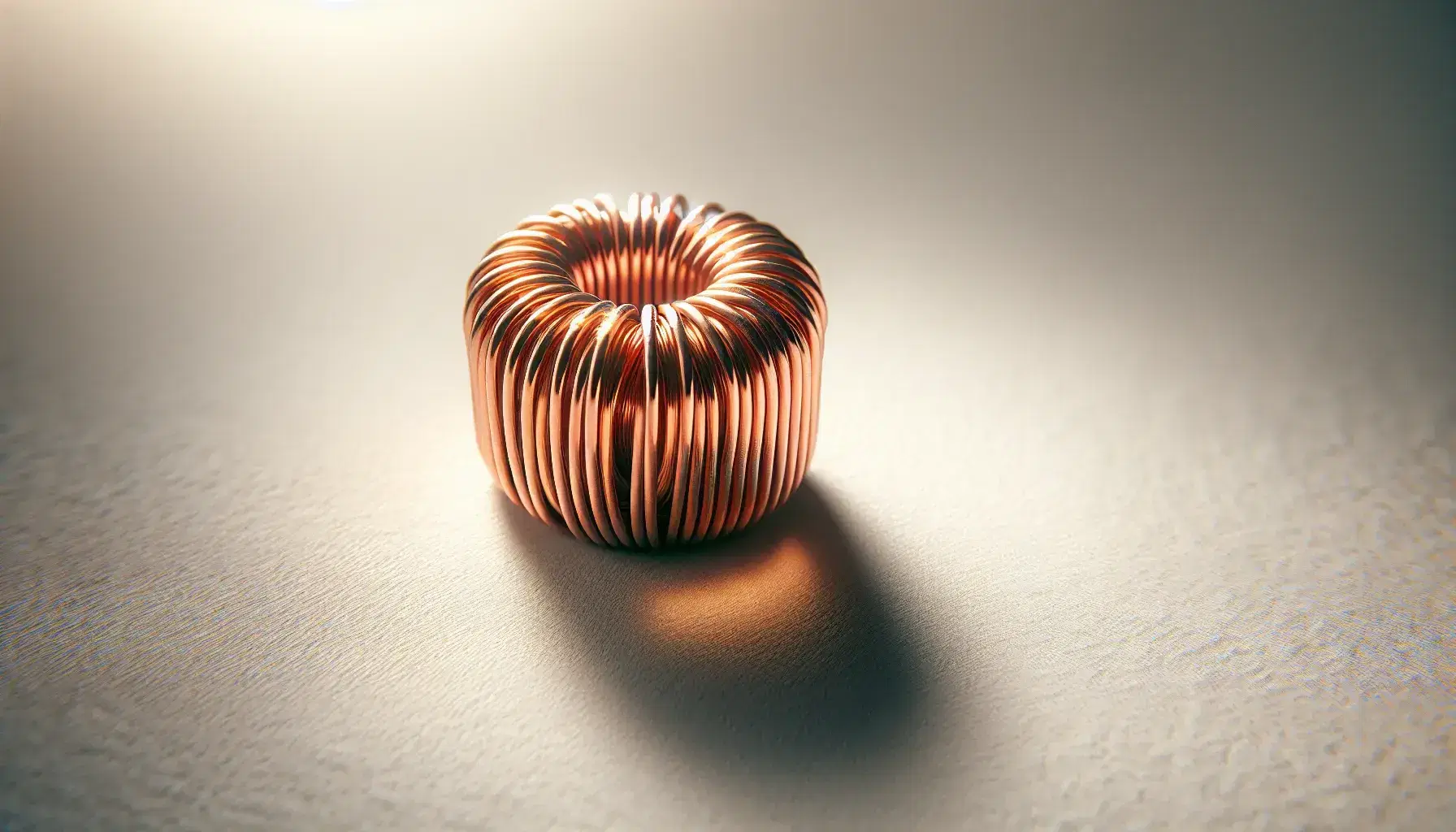 Close-up of a cylindrical copper wire inductor with a tightly wound coil around a central core, casting a soft shadow on a light surface.