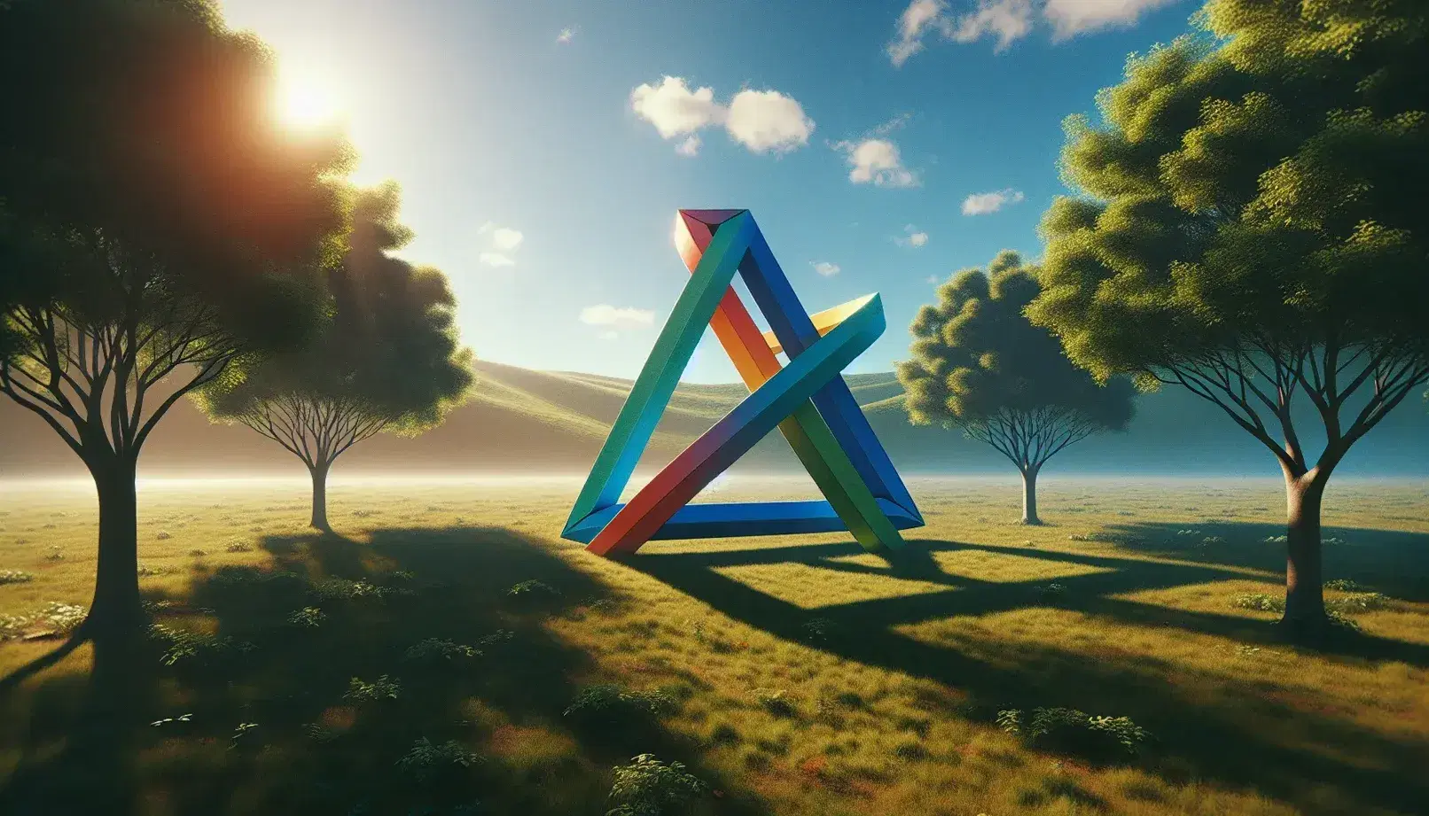 Triangolo rettangolo formato da nastri colorati rosso, blu e giallo su prato verde con alberi e colline sullo sfondo.