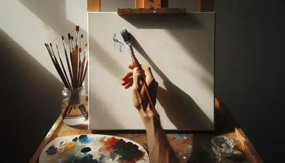 Mano con tono de piel claro sosteniendo un pincel con mango marrón y cerdas negras manchadas de azul, iniciando una línea curva en un lienzo blanco sobre caballete de madera, junto a paleta de colores y frasco con pinceles.