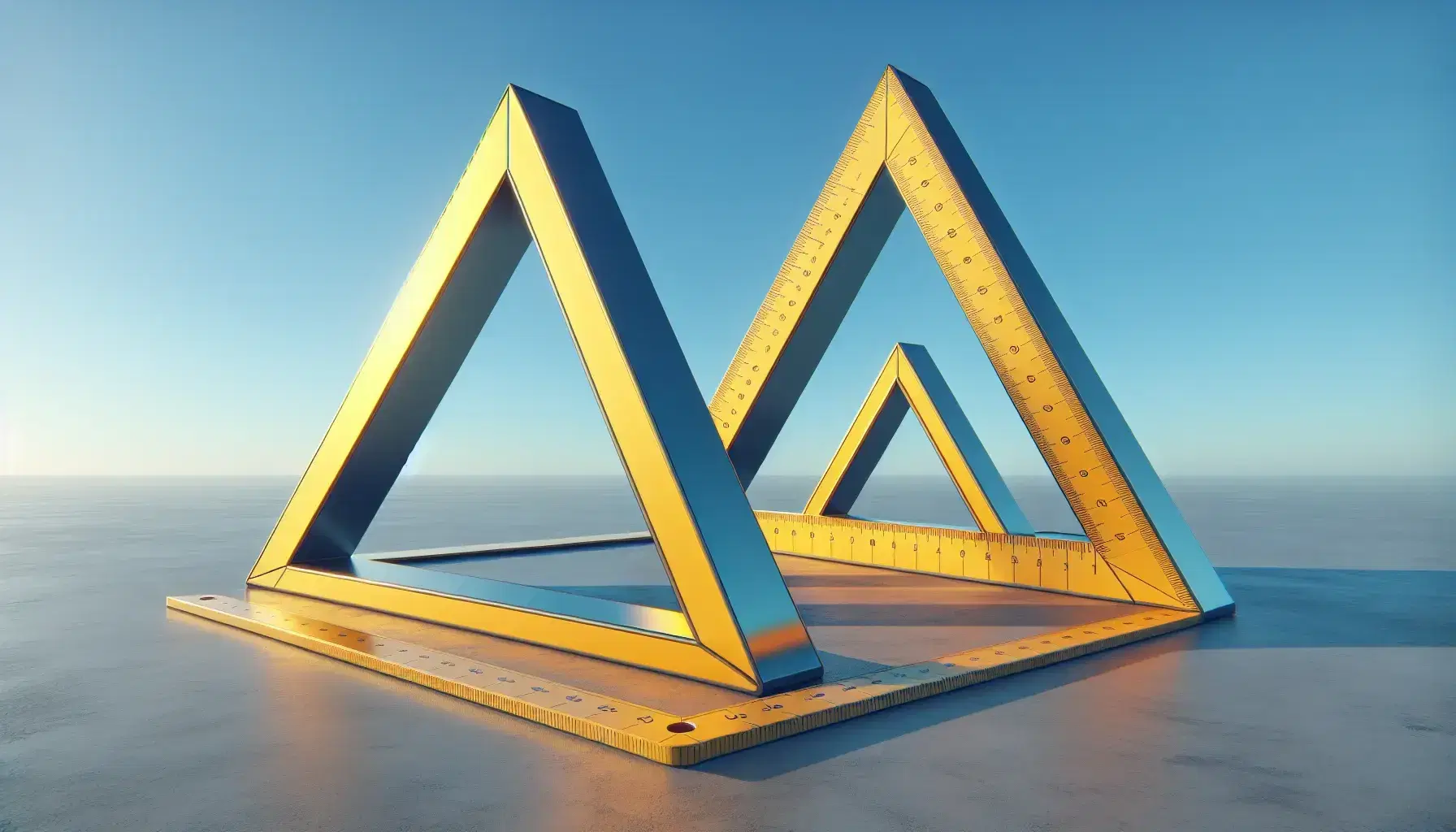 Two yellow metal triangles, one large and one small, with equal sides, stand under a clear blue sky, separated by a ruler on a light gray surface.