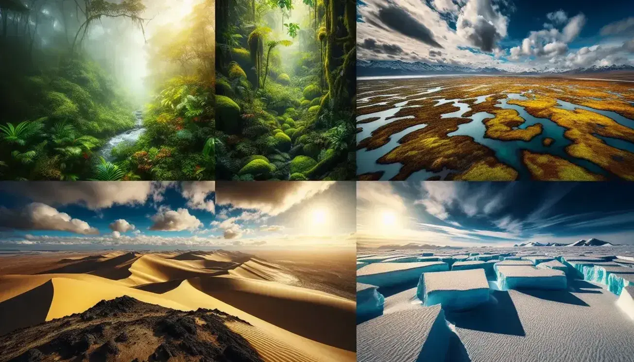 Cuatro ecosistemas distintos en mosaico: selva tropical húmeda, tundra rocosa, desierto arenoso y región polar helada, mostrando la diversidad climática del planeta.