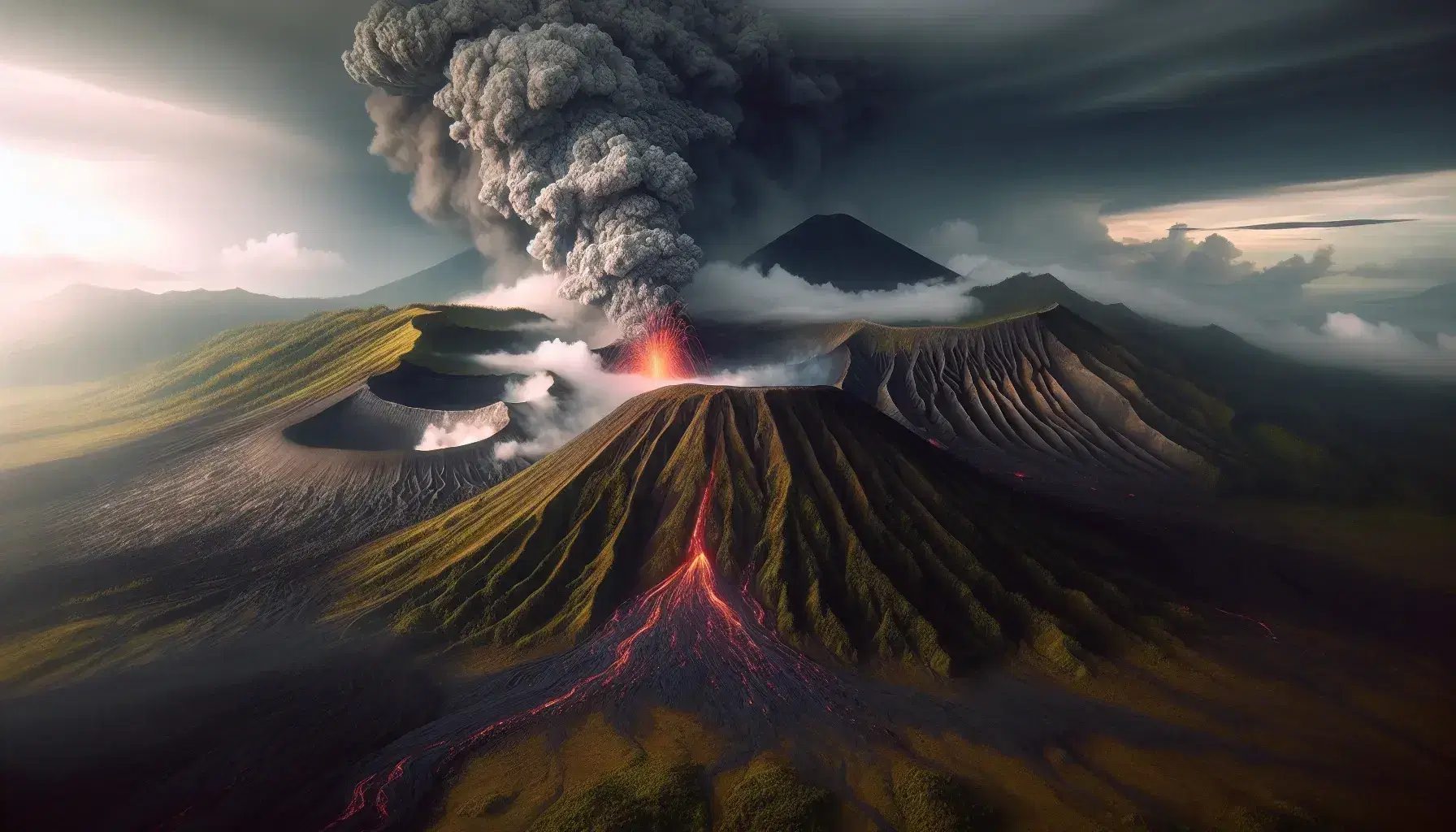 Eruzione vulcanica con colonna di fumo e cenere, flusso di lava incandescente e paesaggio montuoso in lontananza.