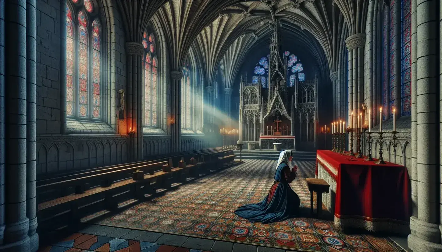 Medieval church interior with Gothic architecture, ribbed vaults, and stained glass windows casting colorful light on a praying woman in blue robes.