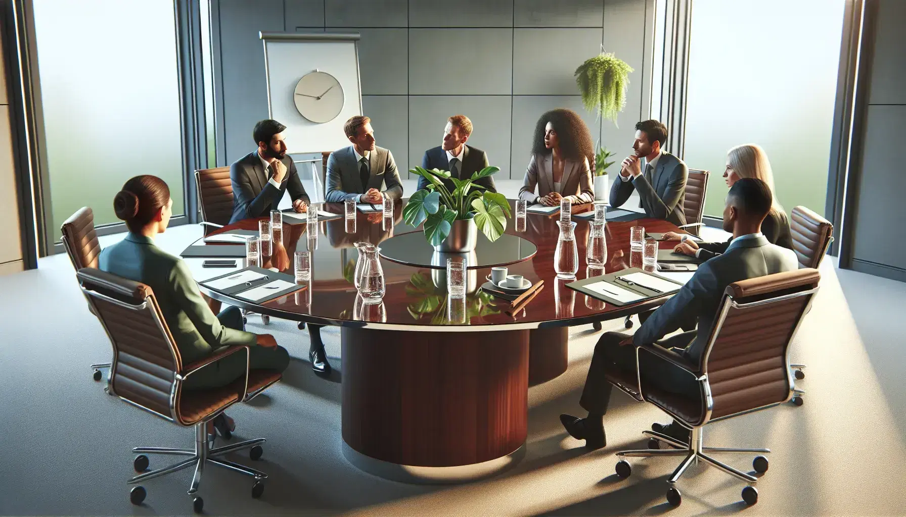 Six diverse professionals engaged in a dynamic discussion around a reflective mahogany table with a water pitcher and tumblers, in a sunlit, serene conference room.