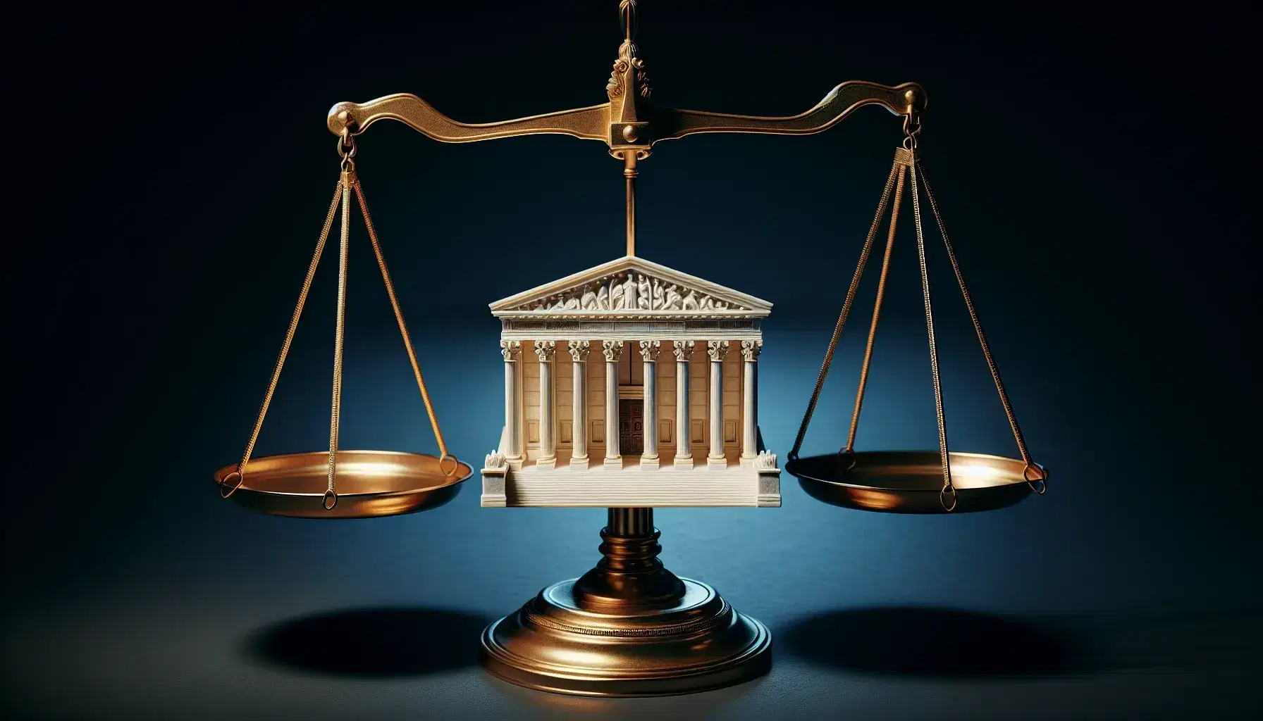 Balanced golden scale with equal-sized models of a classical government building and the US Supreme Court, set against a blue gradient background.