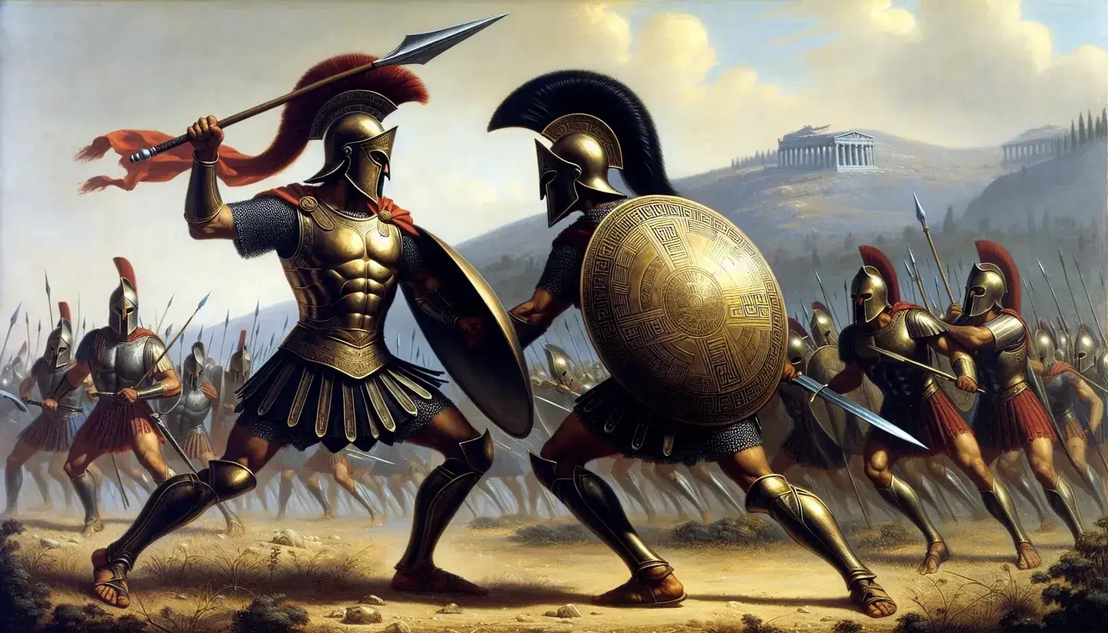 Duello tra Achille in armatura bronzea e cresta rossa e Ettore in armatura scura con spada e scudo ovale su campo di battaglia troiano.