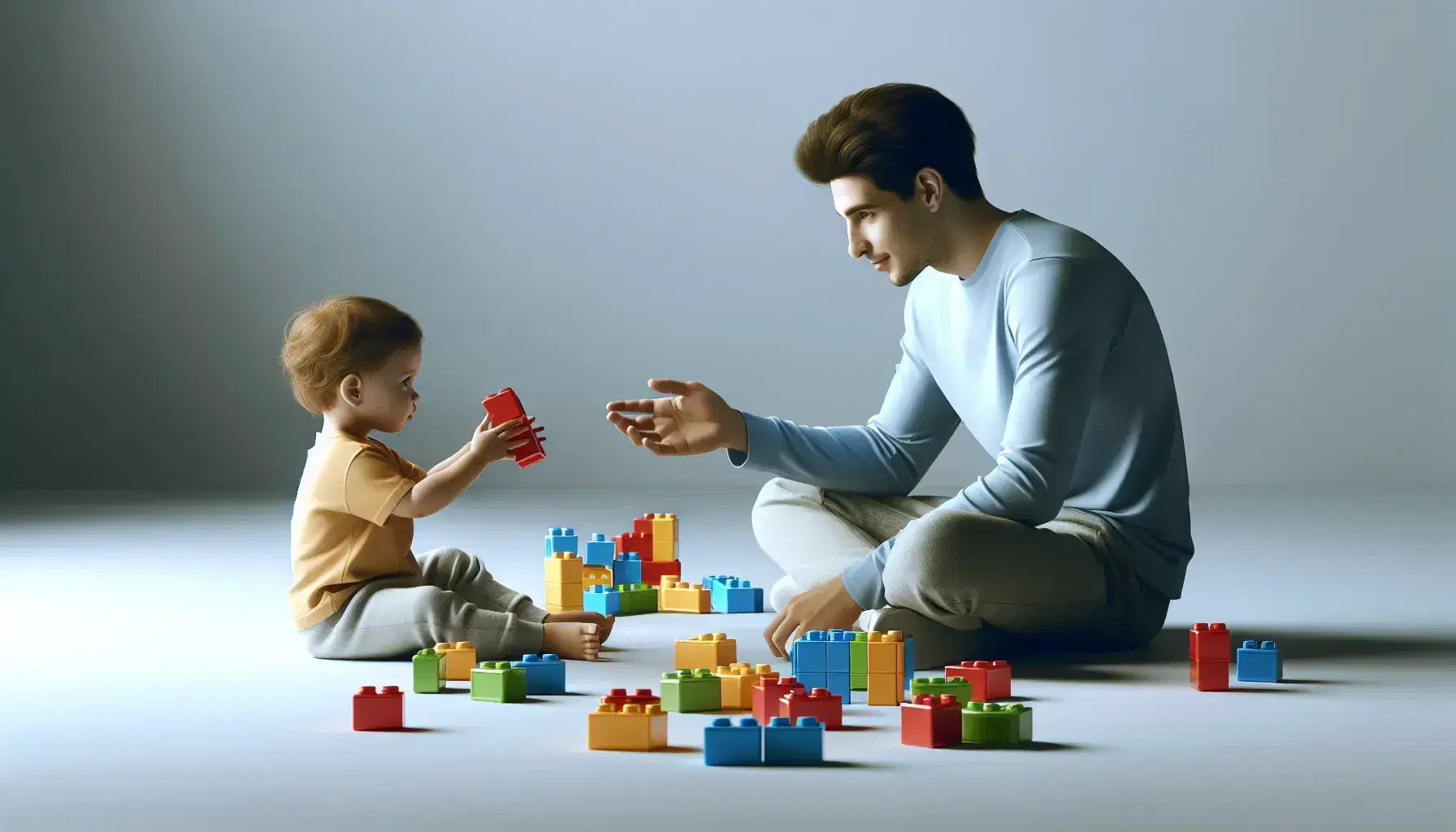 Adulto y niño pequeño jugando con bloques de construcción de plástico coloridos en el suelo, intercambiando un bloque rojo y concentrados en la actividad.