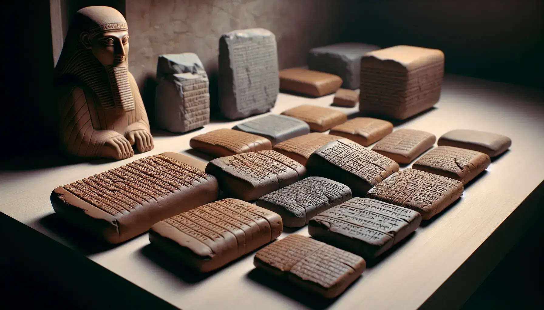 Tabletas de arcilla antiguas con inscripciones y una estatuilla de fondo, mostrando la escritura cuneiforme y la cultura mesopotámica en una superficie clara.
