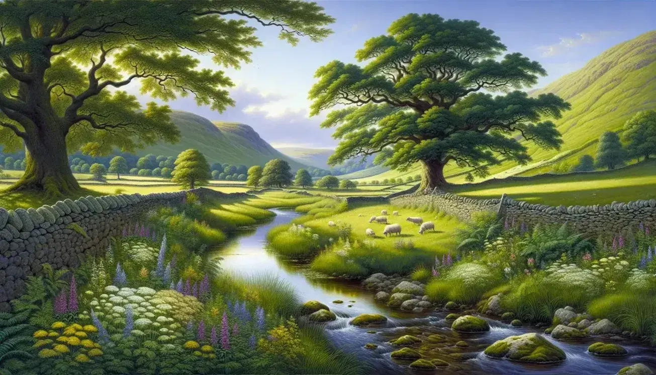 Serene English countryside landscape with a meandering stream, grazing sheep, an oak tree, and rolling hills under a soft blue sky.