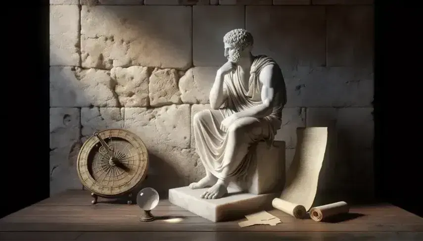 Statua in marmo di filosofo greco seduto in posa pensosa con sfera di cristallo, quadrante solare e papiro su tavolo accanto, in ambiente antico illuminato.