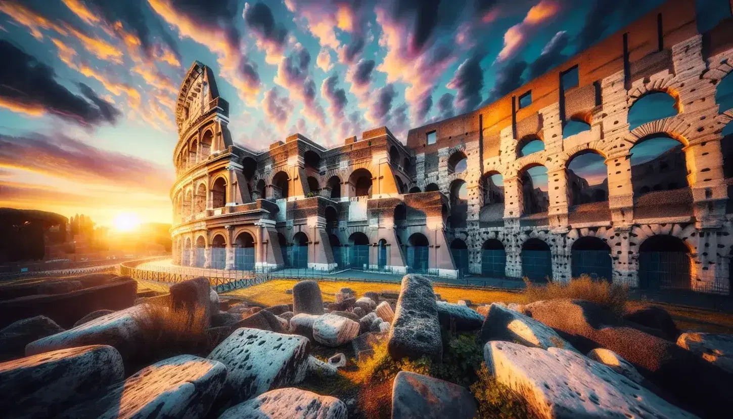 Tramonto sulle rovine del Colosseo a Roma, con cielo colorato e archi antichi illuminati da una luce dorata.