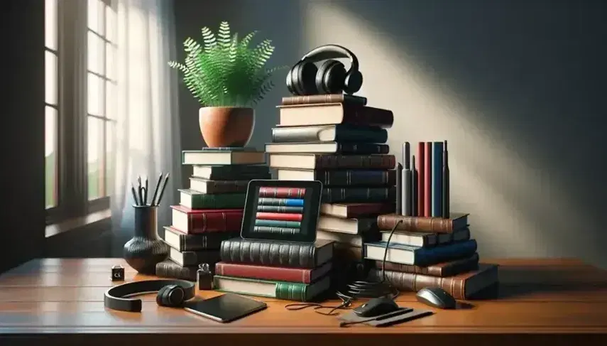 Libri impilati su tavolo in legno scuro con tablet, cuffie, mouse e pianta verde, in ambiente luminoso e accogliente.