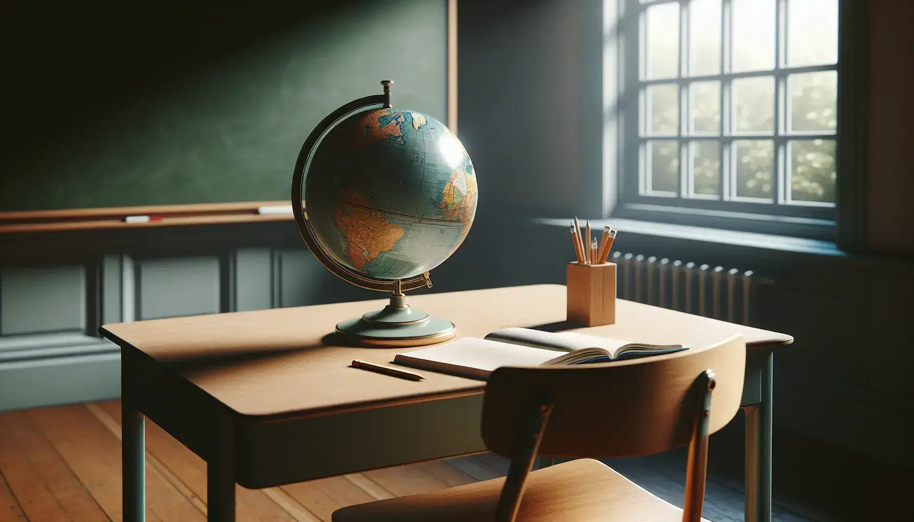 Escena de aula tradicional con mesa de madera, globo terráqueo sin textos y cuaderno abierto con lápiz, silla al fondo y pizarra limpia, iluminación natural suave.
