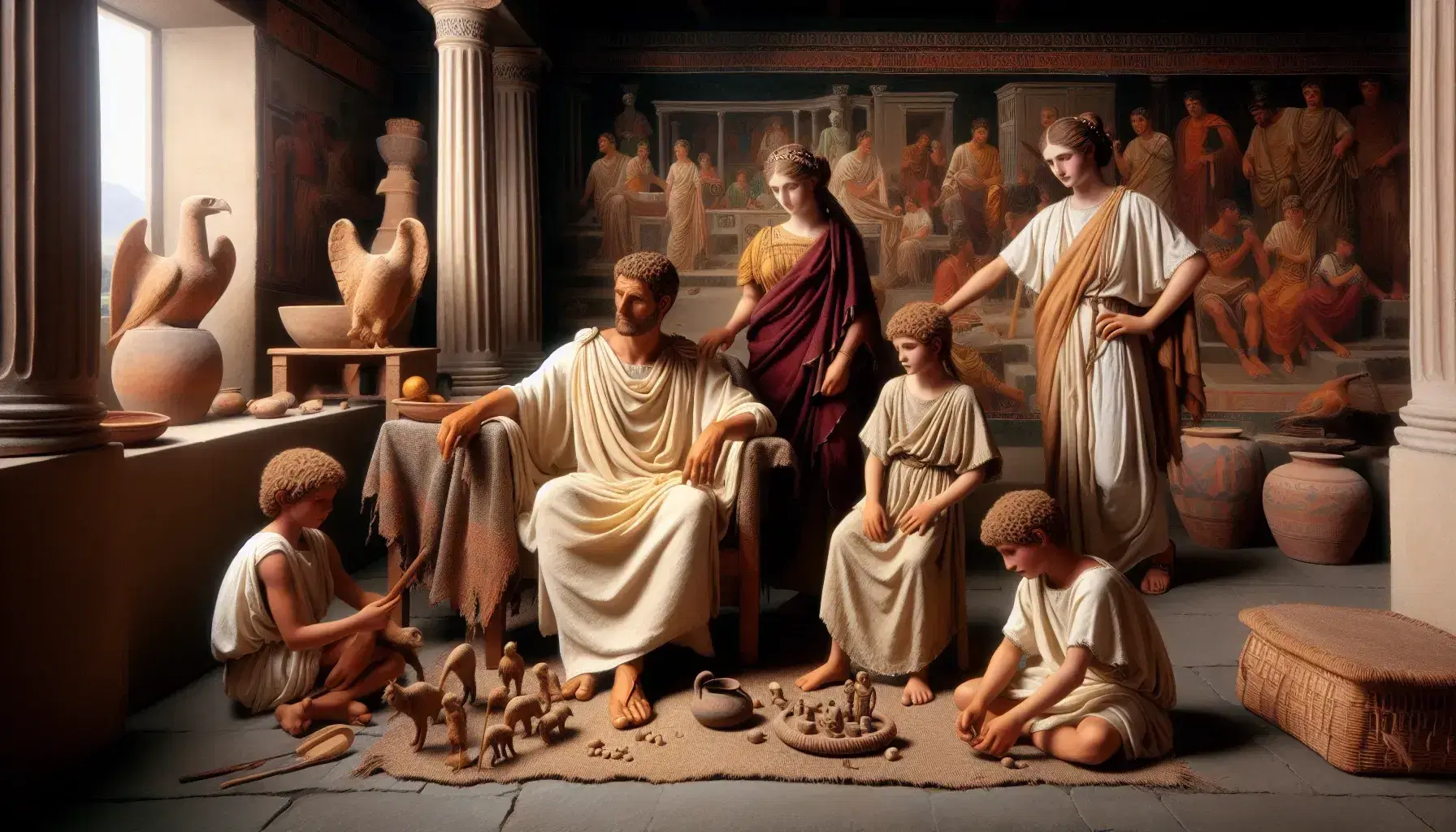 Famiglia romana in domus antica con pater familias in toga, moglie e tre figli tra colonne e affreschi.